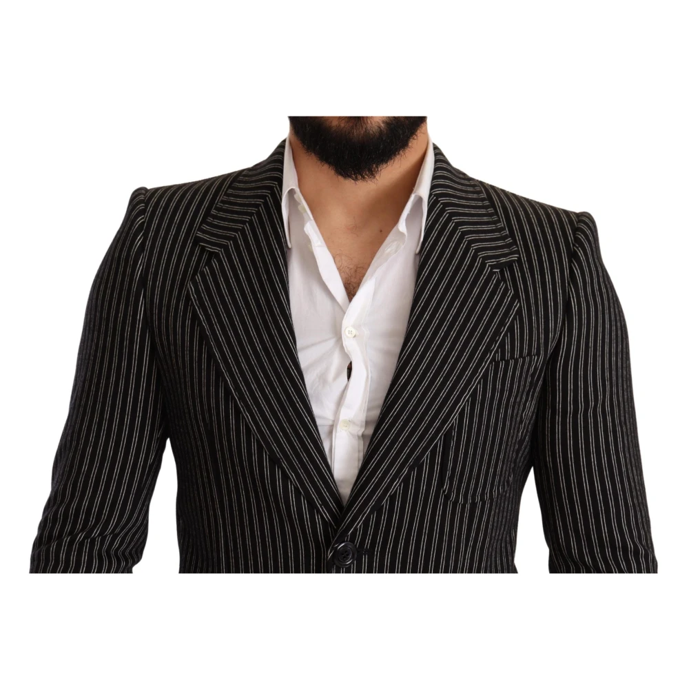 Dolce & Gabbana Zwart Gestreepte Slim Fit Wol Jas Blazer Black Heren
