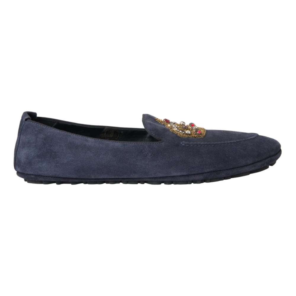 Dolce & Gabbana Blått Läder Crystal Crown Loafers Skor Blue, Herr