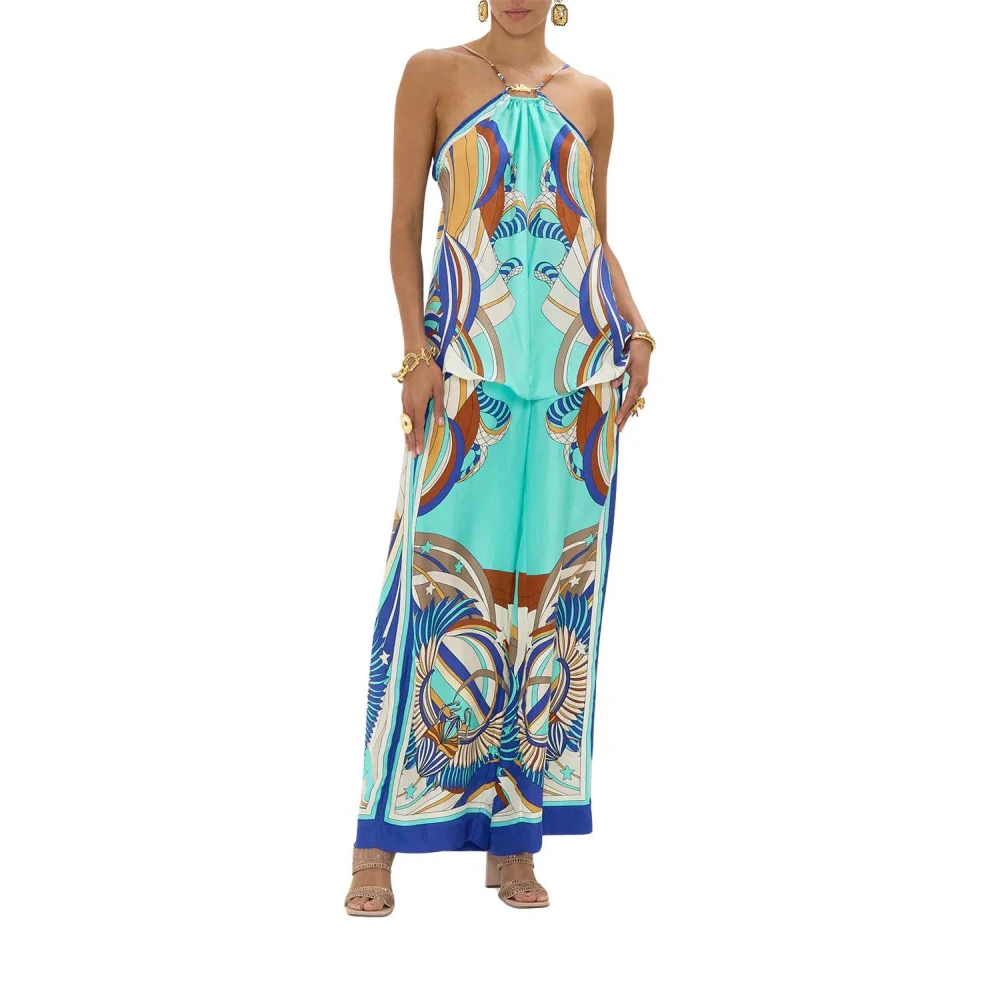 Camilla Blauwe Geometrische Wijde Zijden Broek Multicolor Dames