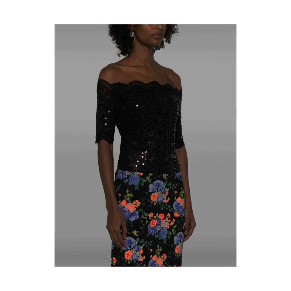 Paco Rabanne Bloemenkant Paillet Off-Shoulder Top Black Dames