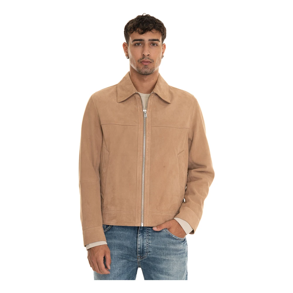 Boss Zamsleren leren jack met ritssluiting Beige Heren