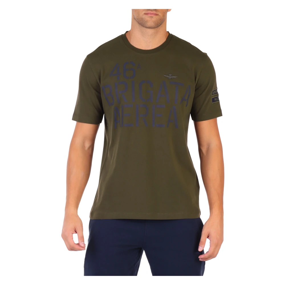 Aeronautica militare Comfort Fit Katoenen T-shirt met Logo Patch Green Heren