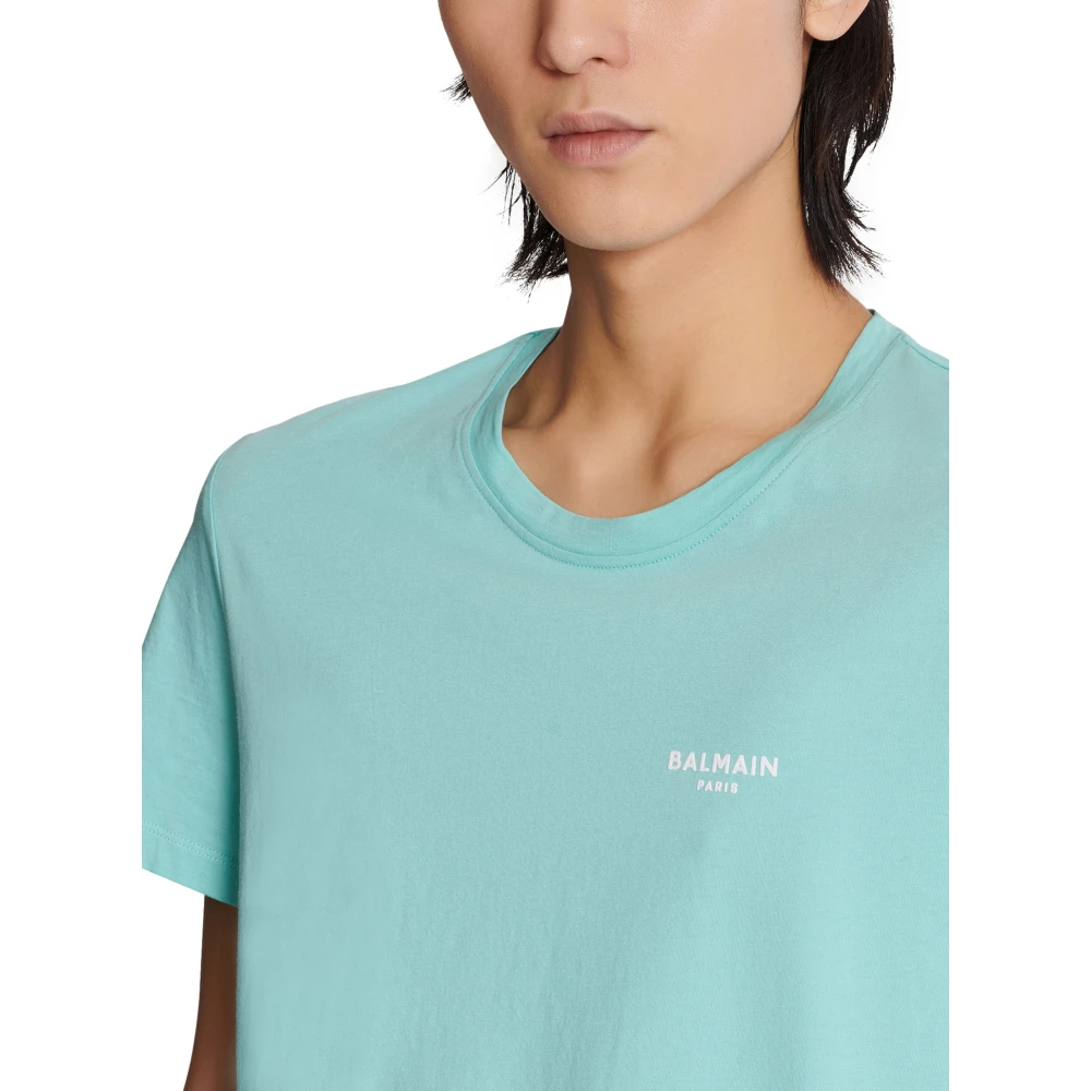 Balmain Paris gevlokt T-shirt met korte mouwen Blue Heren