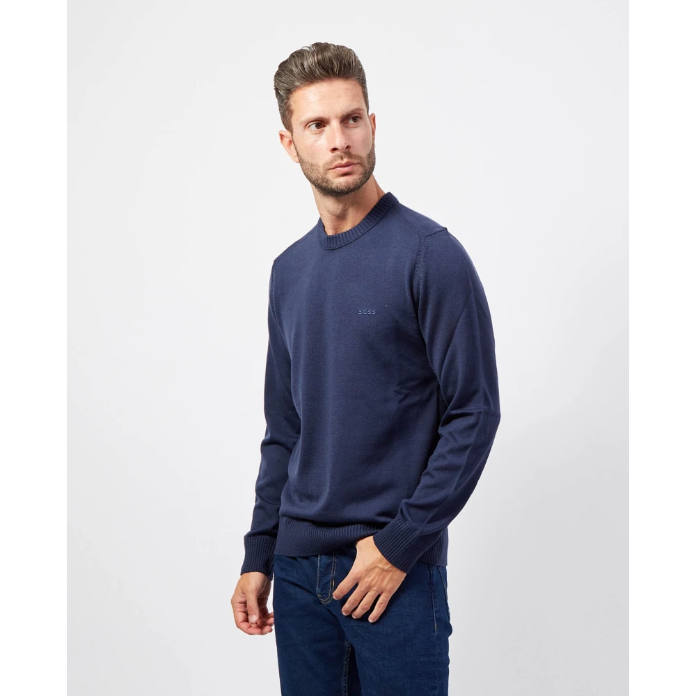 Boss Blauwe Katoenen Trui Straight Fit Blue Heren