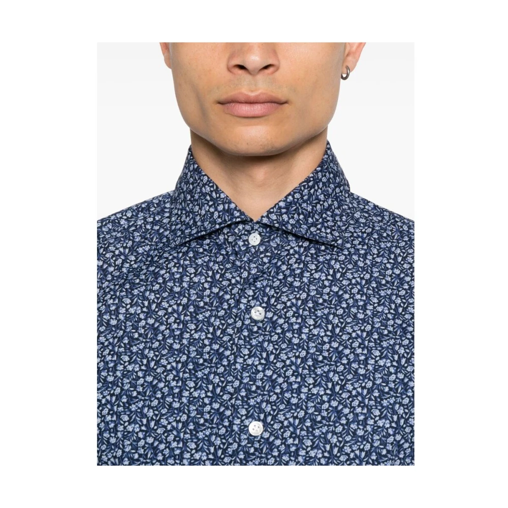 Barba Blauw Bloemenprint Katoenen Overhemd Blue Heren