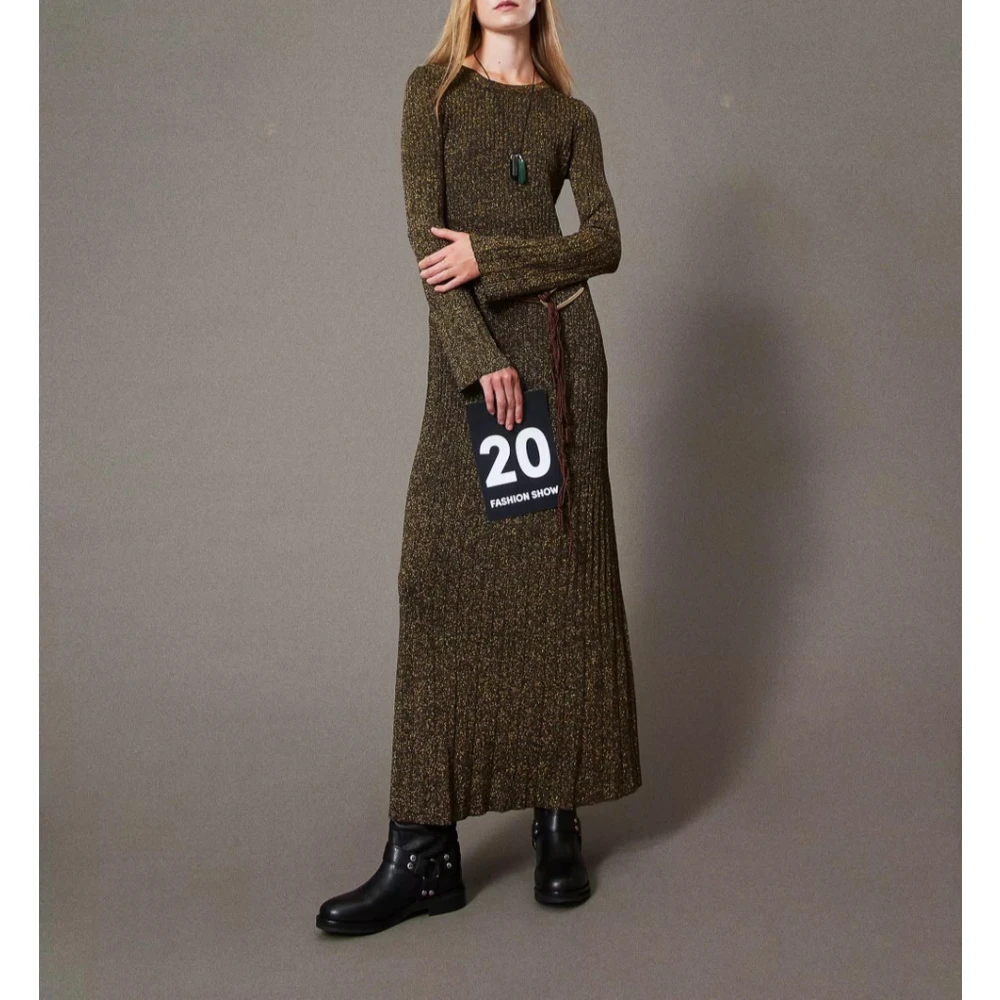Twinset Lange Gebreide Rib Jurk met Ovaal Riem Brown Dames