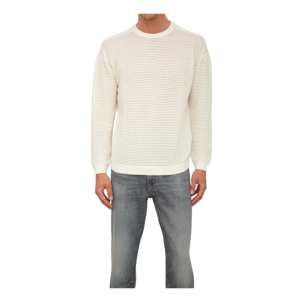 Emporio Armani Men's White Round-Neck Knitwear, L, Cotton Pullover
