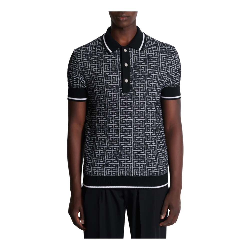 Balmain Labyrinth Knit Polo Shirt Black Heren