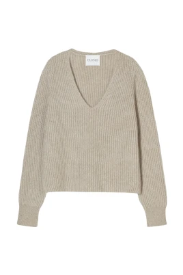 Beige V-ringad tröja i fiskbensstickning
