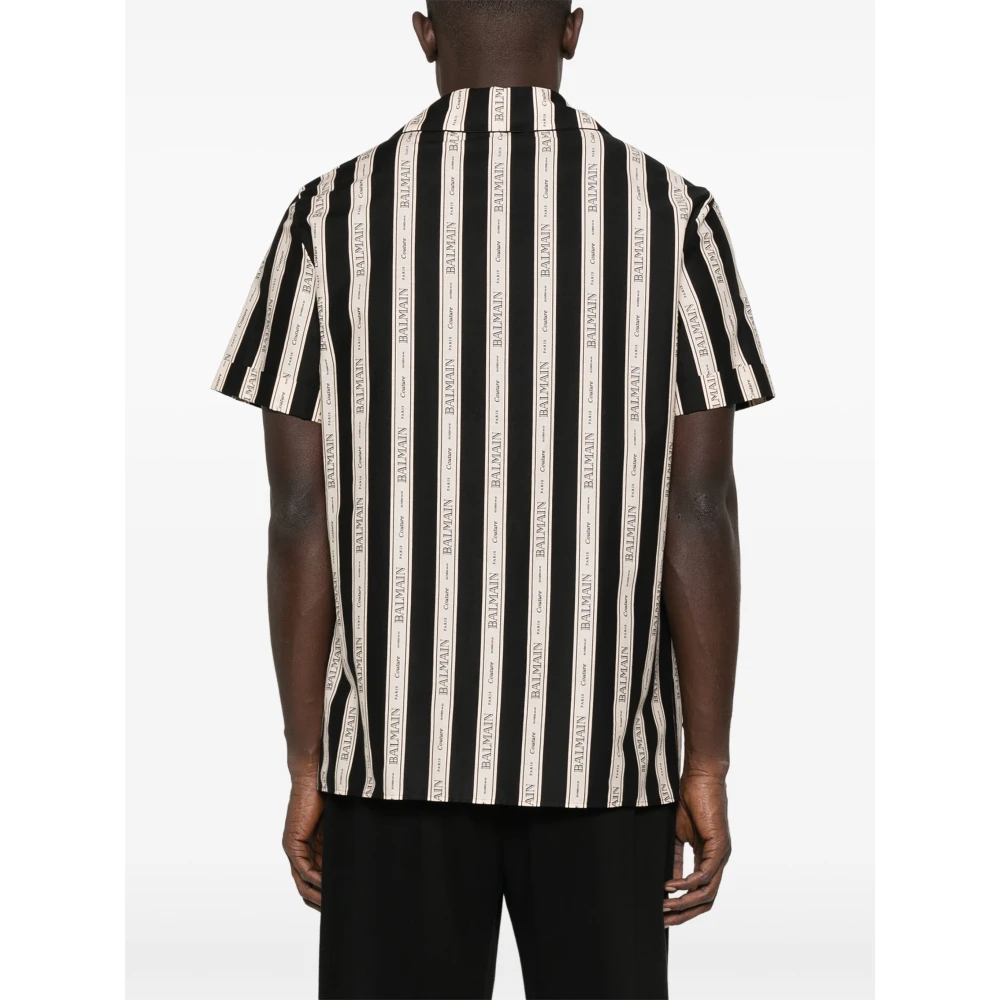 Balmain Gestreept Zwart Shirt Korte Mouwen Knoop Black Heren