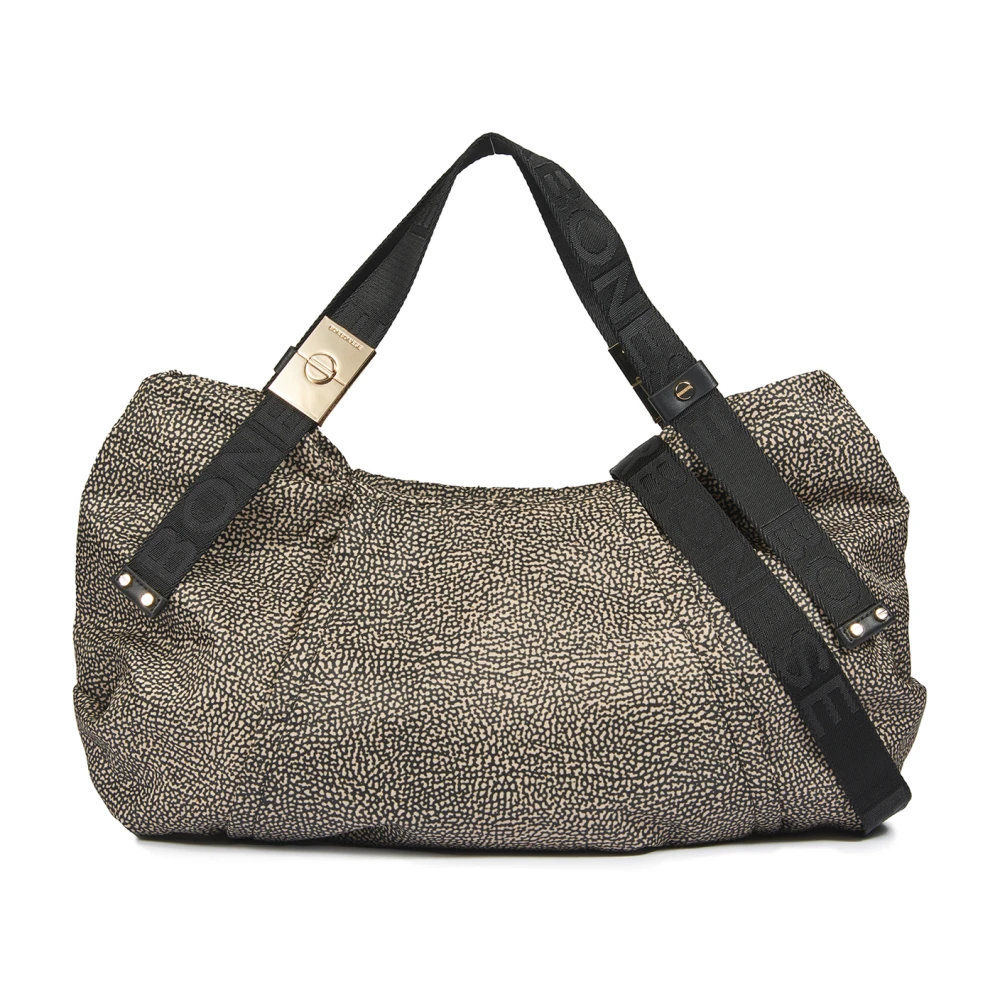 Borbonese Beige Jacquard Schoudertas met Leren Details Beige Dames