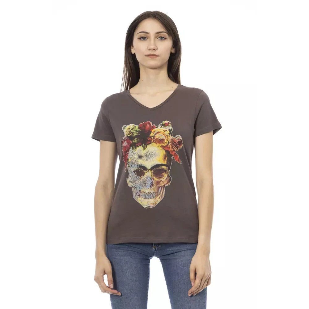 Trussardi Women's Brown Cotton V-Neck T-Shirt With Front Print