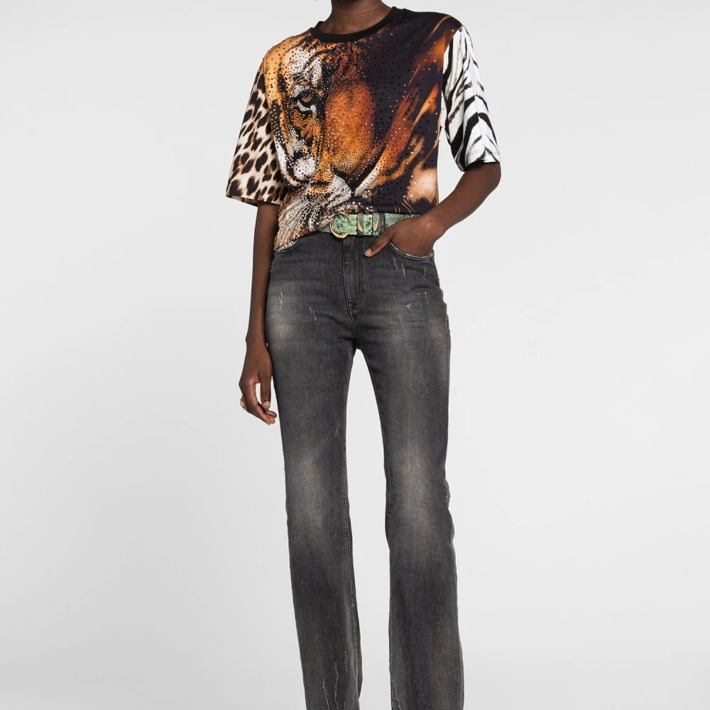 Roberto Cavalli Patchwork Straight-Leg Jeans met dierenprint Black Dames