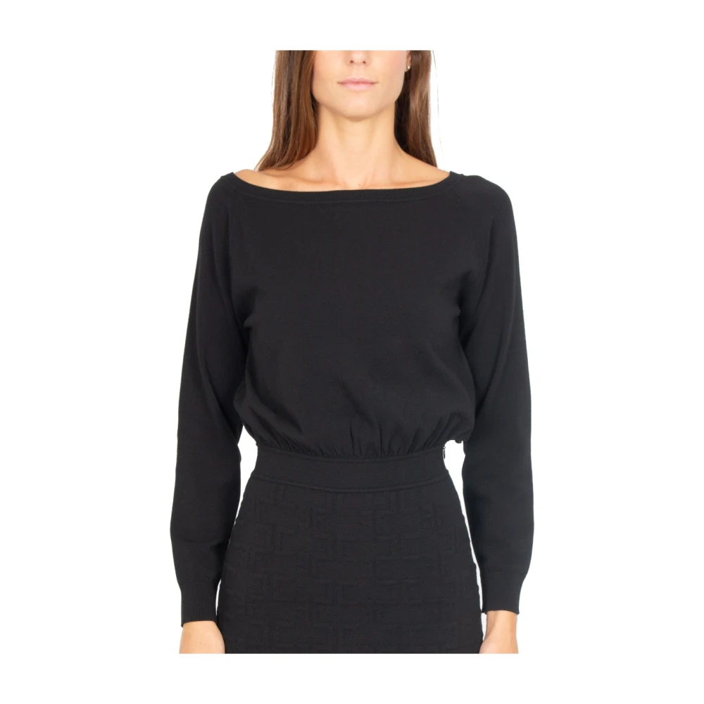 Elisabetta Franchi Zwarte Gebreide Longuette Jurk met Jacquard Black Dames