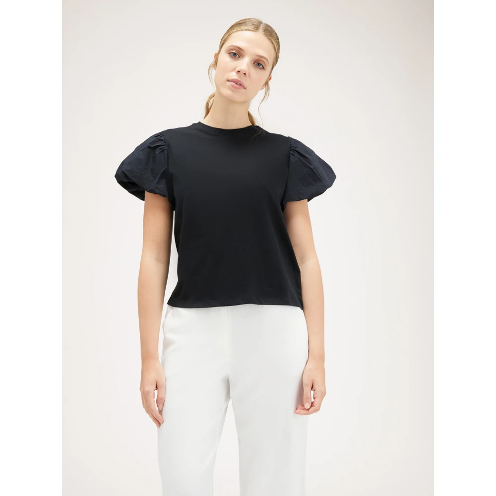 Motivi Katoenen T-shirt met ballonmouwen Black Dames