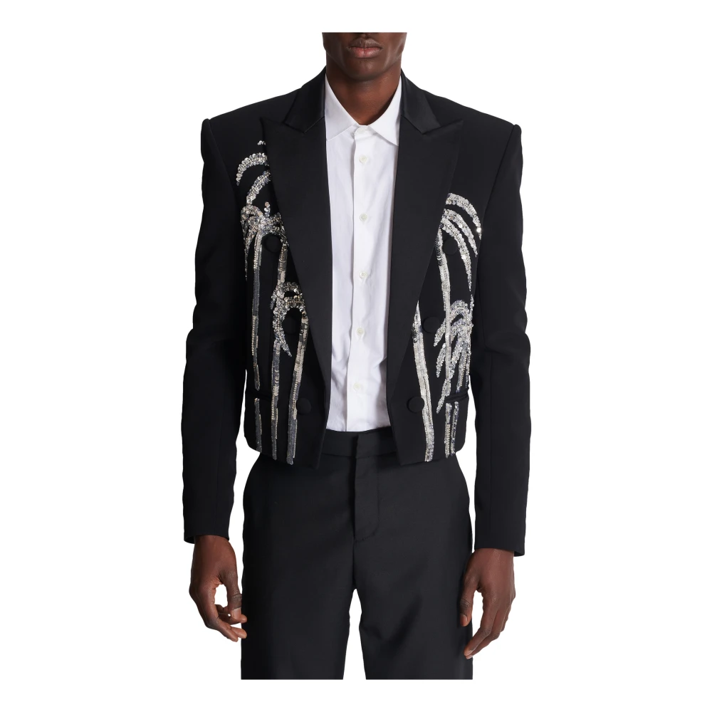 Balmain Geknipte crepe-jas met palmboom borduurwerk Black Heren
