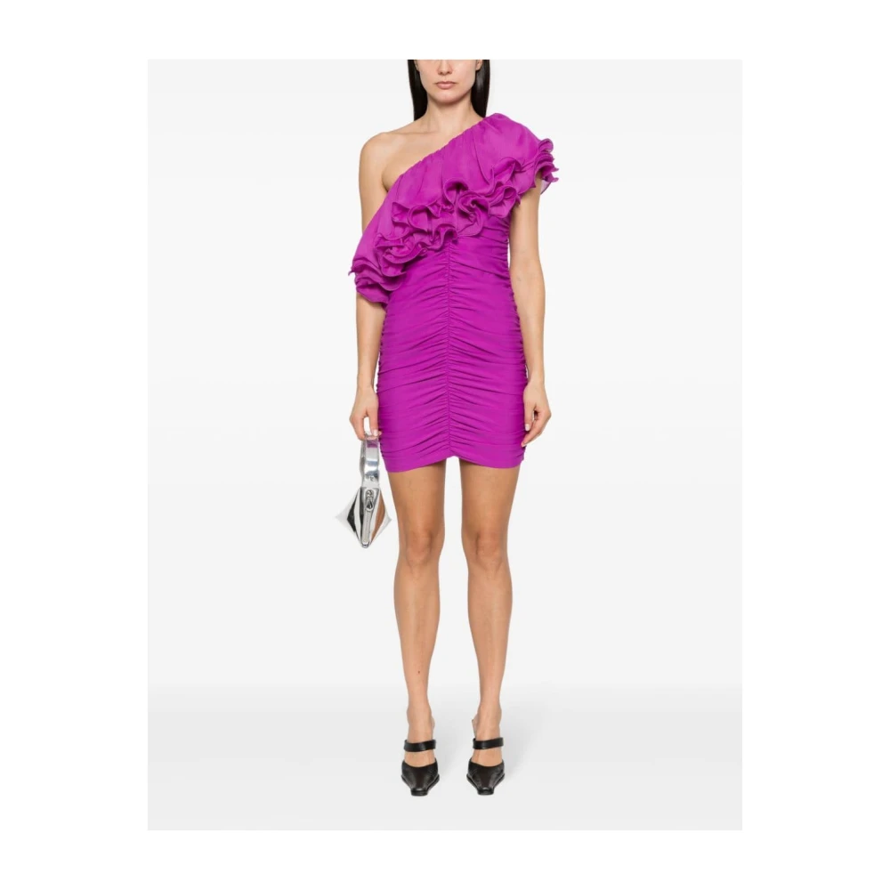 Rotate Birger Christensen Paarse Chiffon Jurk met Ruches en Eén Schouder Purple Dames