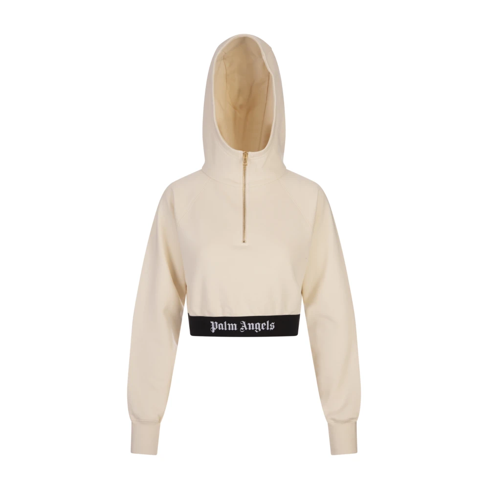 Palm Angels Witte Crop Hoodie met Logo Band White Dames