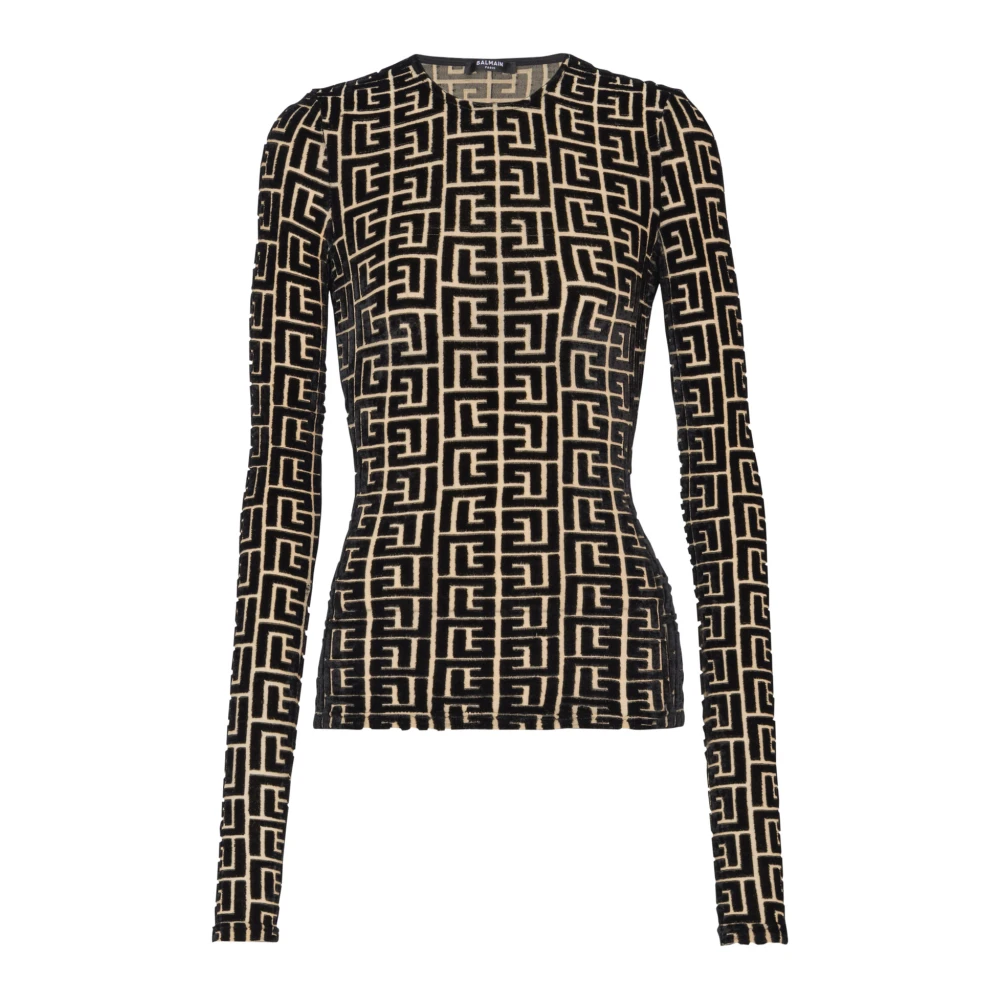 Balmain Black Monogrammed Velvet Top - Female - Long Sleeve T-Shirts - M - Tops