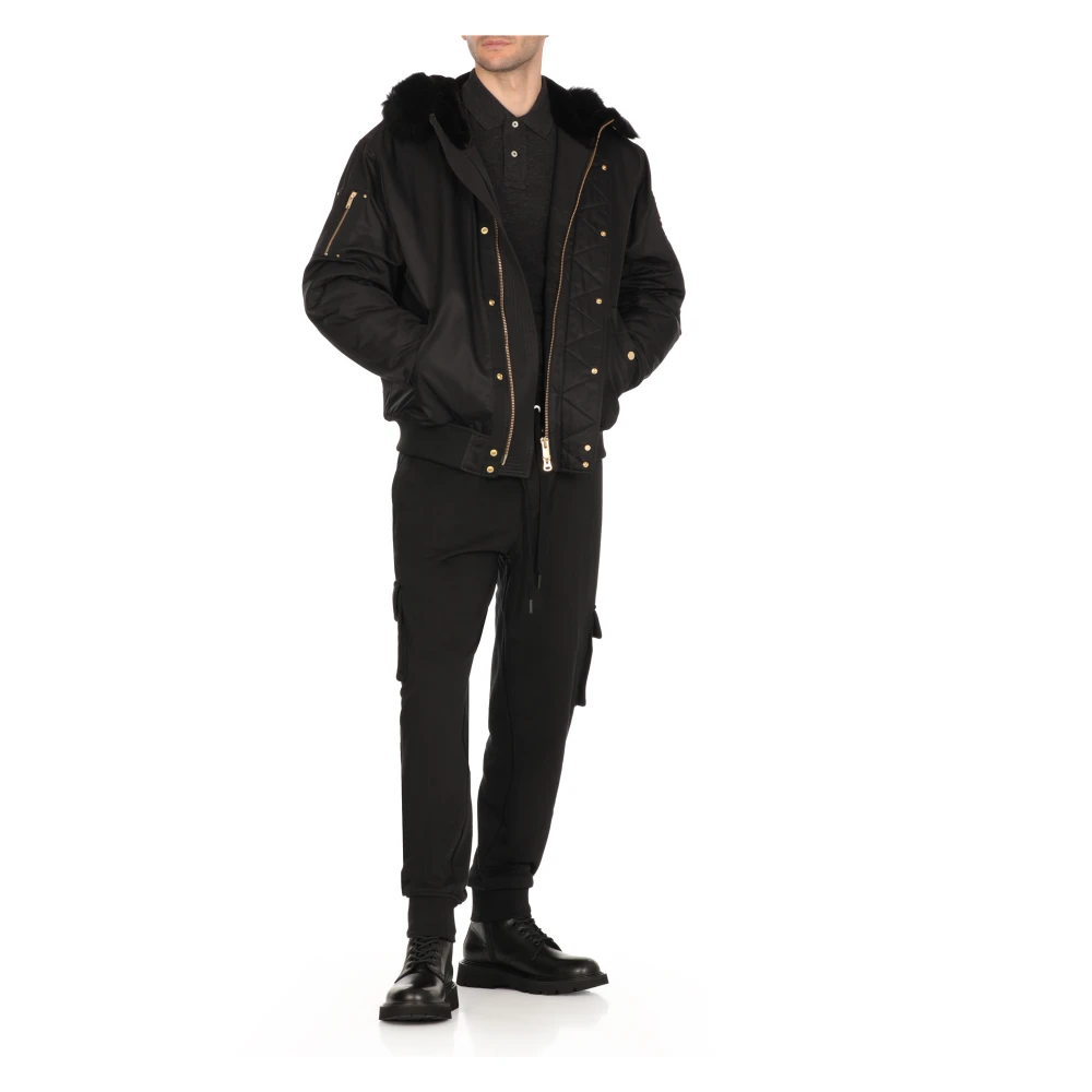 Moose Knuckles Zwarte Gewatteerde Jas met Bont Capuchon Black Heren