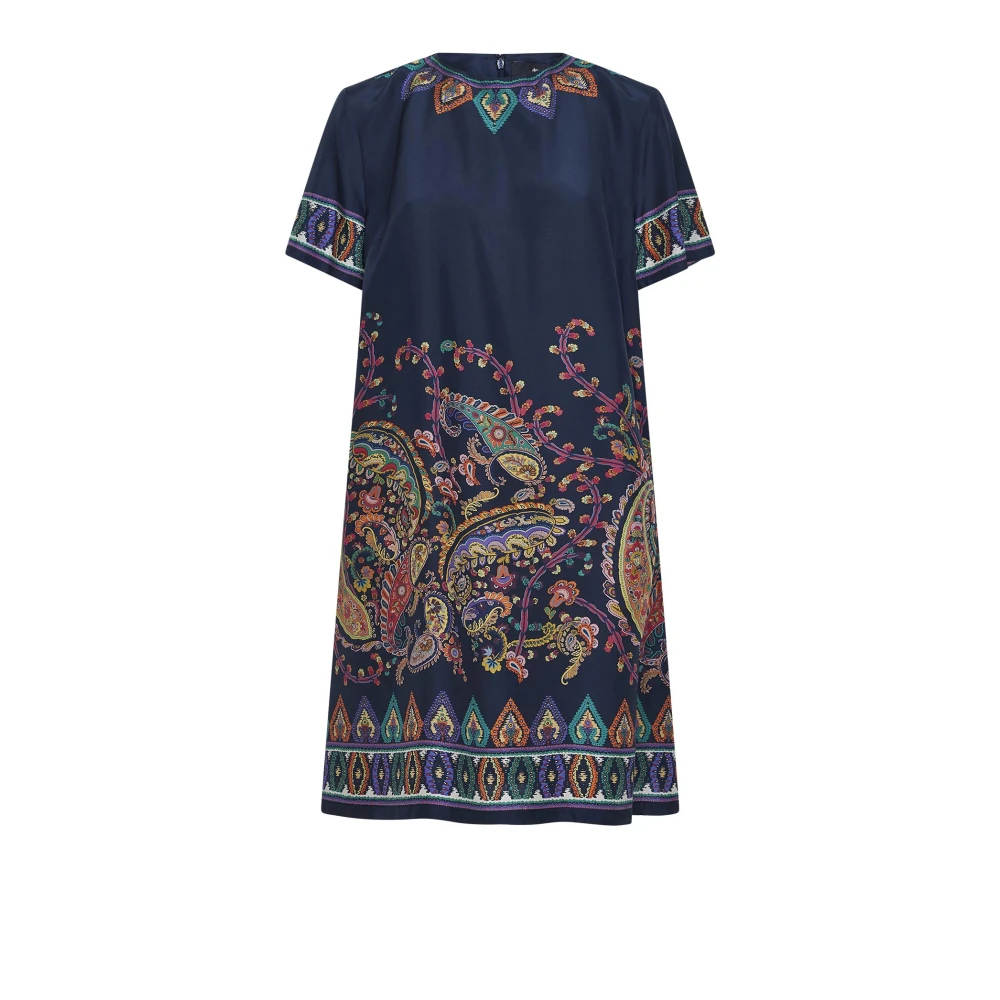 Etro Women's Blue Short Dresses, L, Silk Mini Tunic Dress With Placed Floral Paisley Print