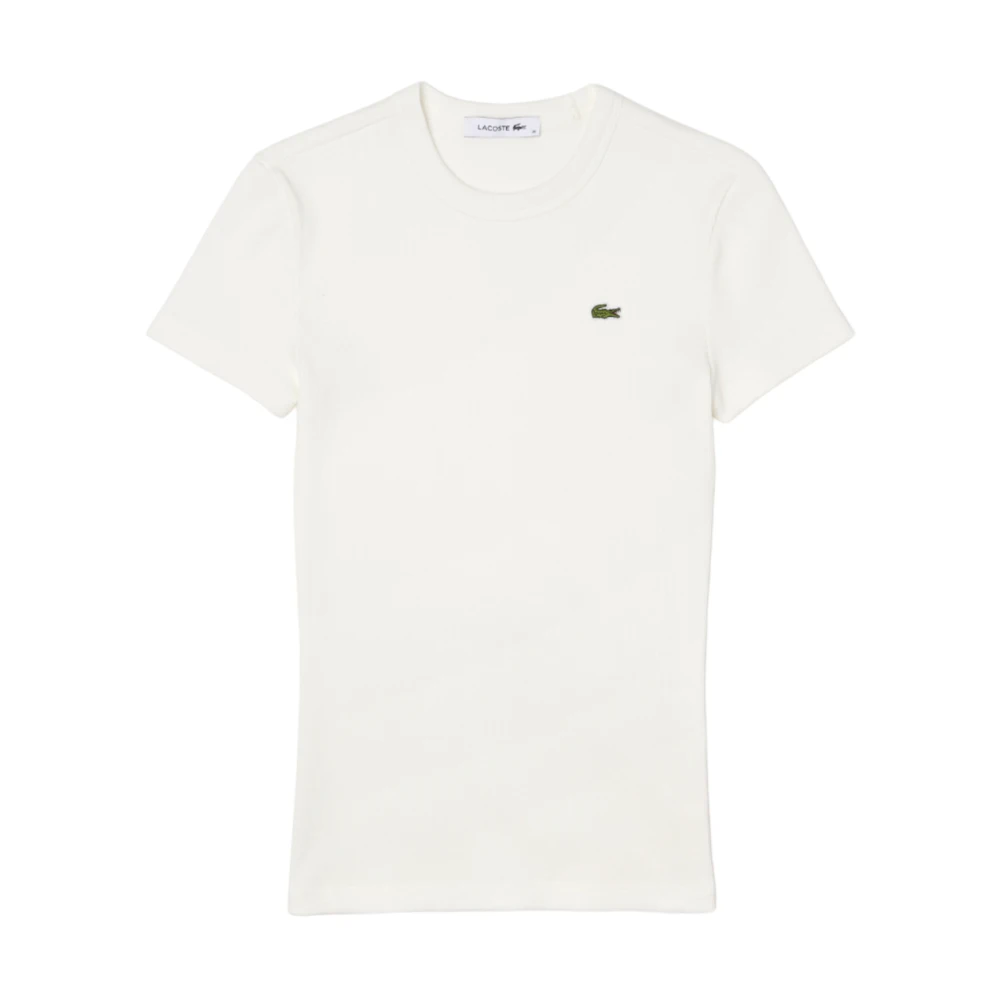 Lacoste Women's White T-Shirts, 2XS, Slim Fit Ribbed Cotton T-Shirt