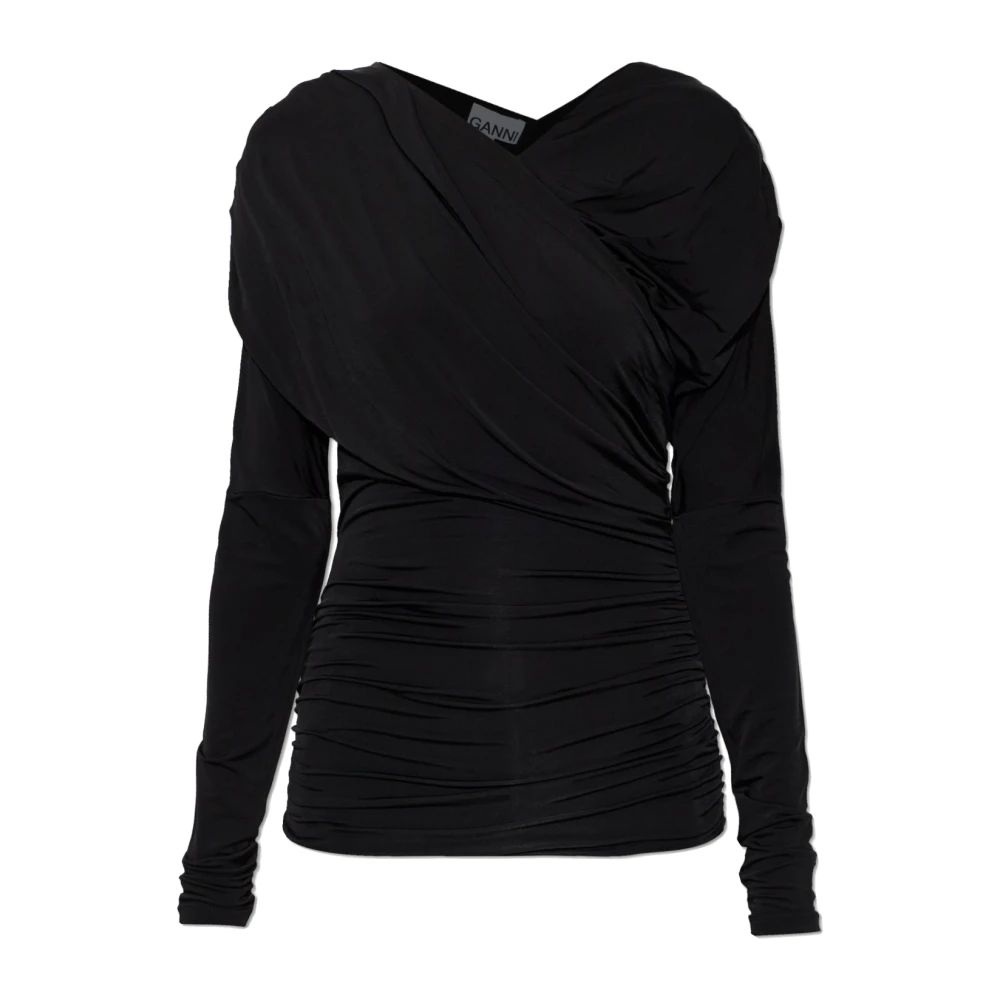Ganni Damen Schwarz Draped Langarm-Top