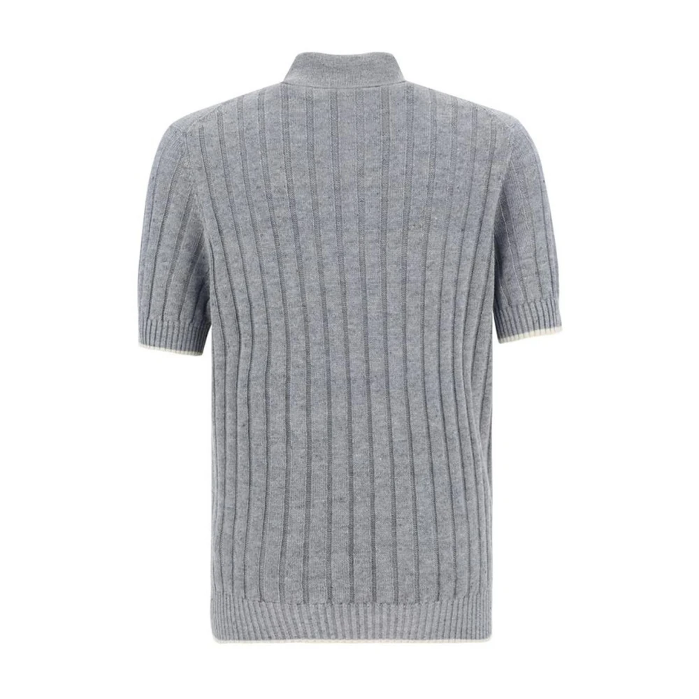 BRUNELLO CUCINELLI Monochrome Geribbelde Linnen Polo Shirt Gray Heren