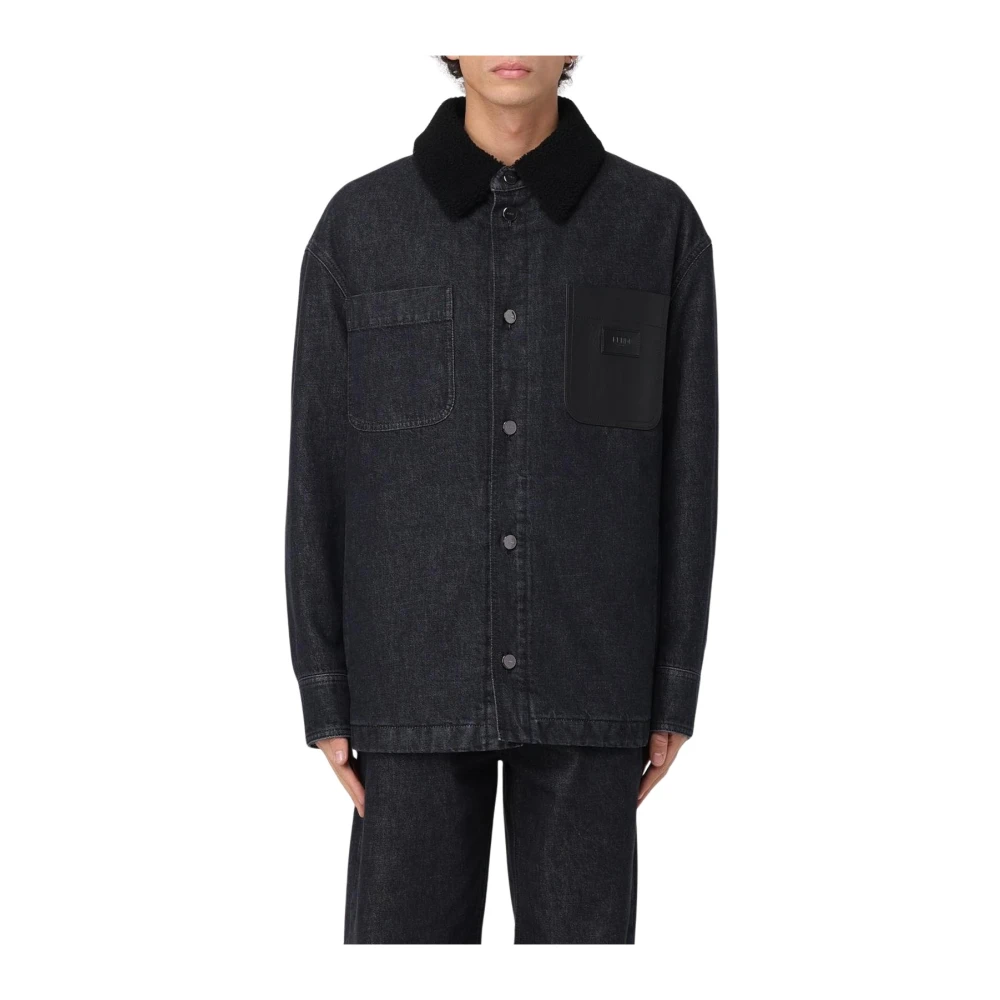 Fendi Herren Schwarz Denim Jacket Shearling Collar