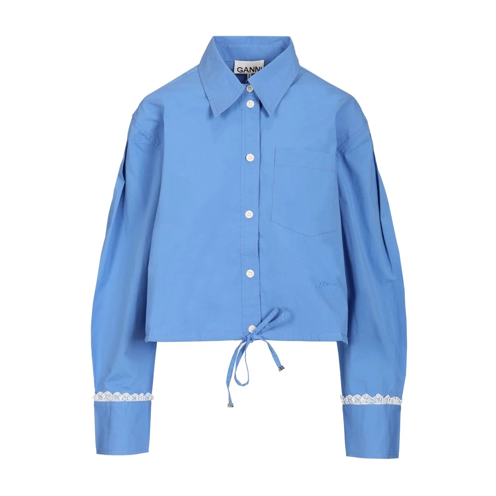 Ganni , Shirts, Female, Blue, S, Lace-Trim Drawstring-Hem Shirt
