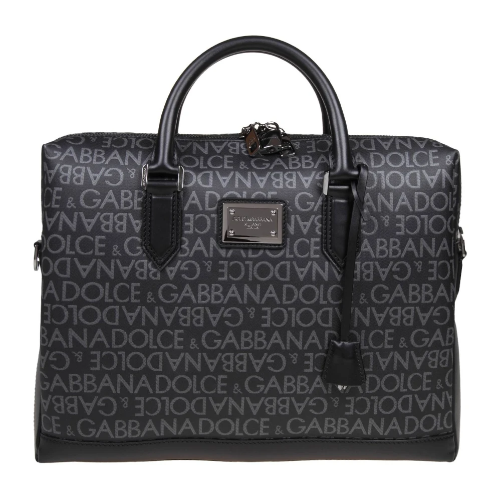 Dolce & Gabbana Handväska i Spalmato Tyg med Logotyp Black, Herr