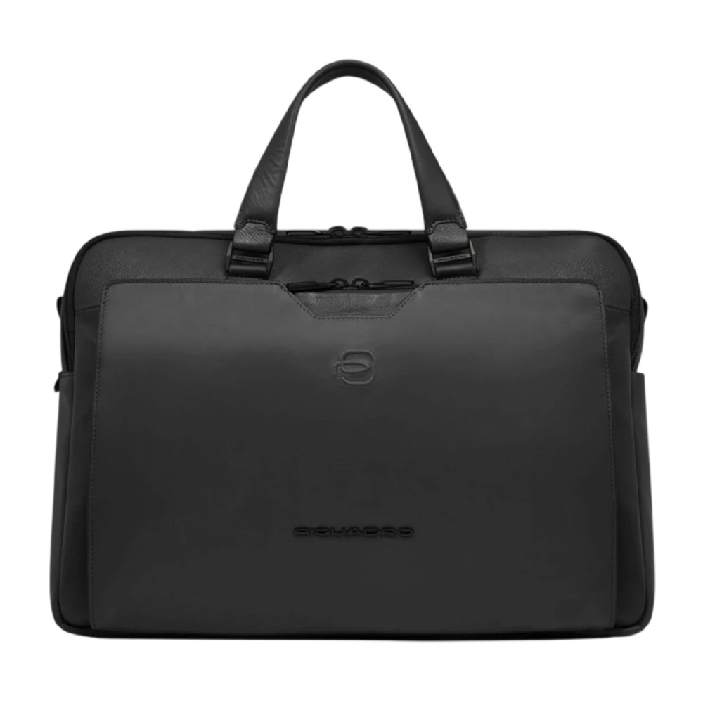Piquadro Mannelijk Zwart Tassen Heren, One Size, Leer, Leren Laptoptas En I Pad Aktetas Met Air Pods Vak, Schokbestendig En Rfid-Blokkering