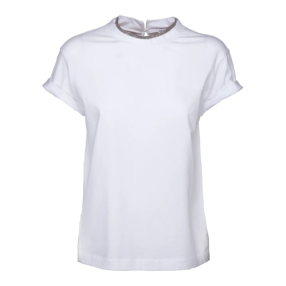 BRUNELLO CUCINELLI Katoenen Stretch Jersey T-shirt met Monile Inzetstuk White Dames