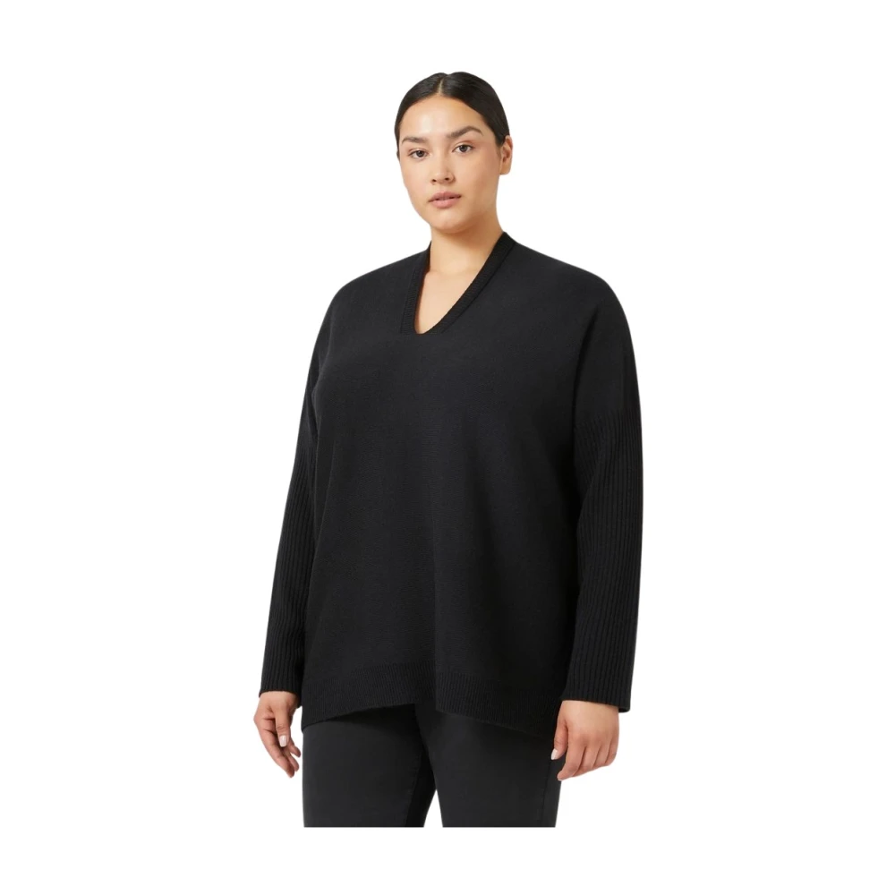 Marina Rinaldi Zwarte Naadloze Wollen Trui V-Hals Black Dames