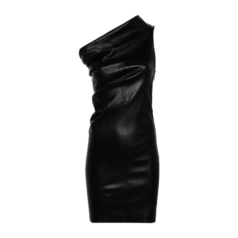 Rick Owens Zwarte leren mini-jurk met asymmetrische halslijn Black Dames