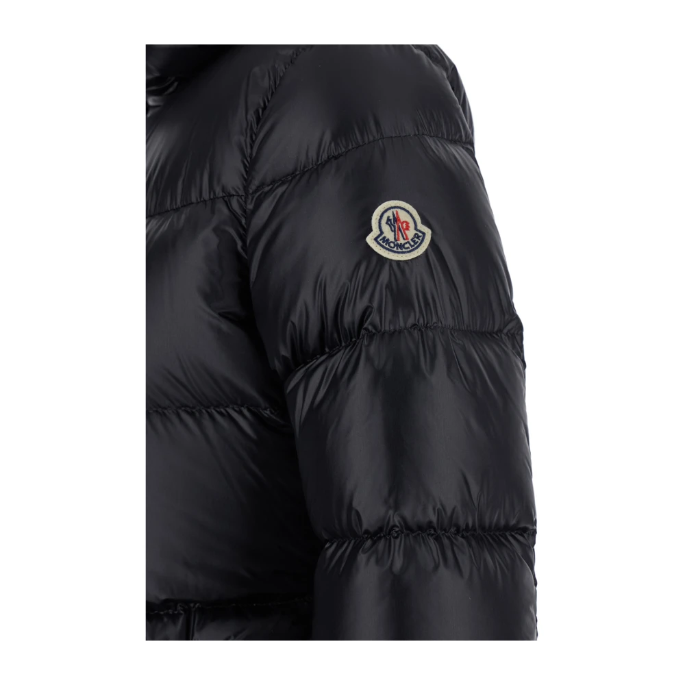 Moncler Zwarte gewatteerde jas met capuchon en logo Black Dames