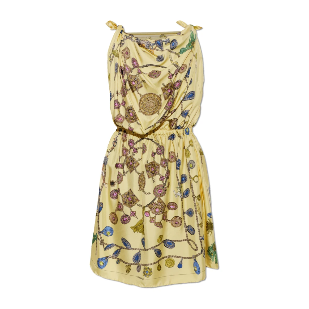 Versace Kvinno Gul Klänningar Dam, Xs, Sidenklänning Med Broken Jewels-Tryck
