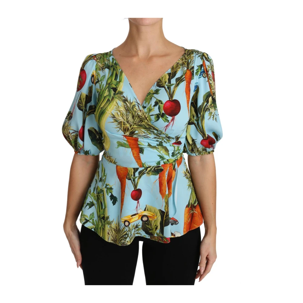 Dolce & Gabbana Women's Blue Luxury Vegetable Print Silk Top