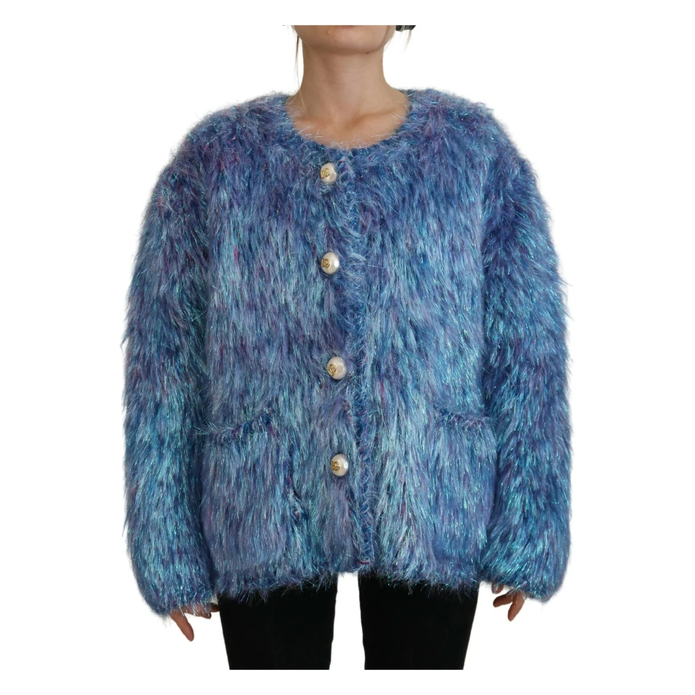 Dolce & Gabbana Women's Blue Faux Fur & Shearling Jackets, L, Multicolor Fringes Coat Jacket