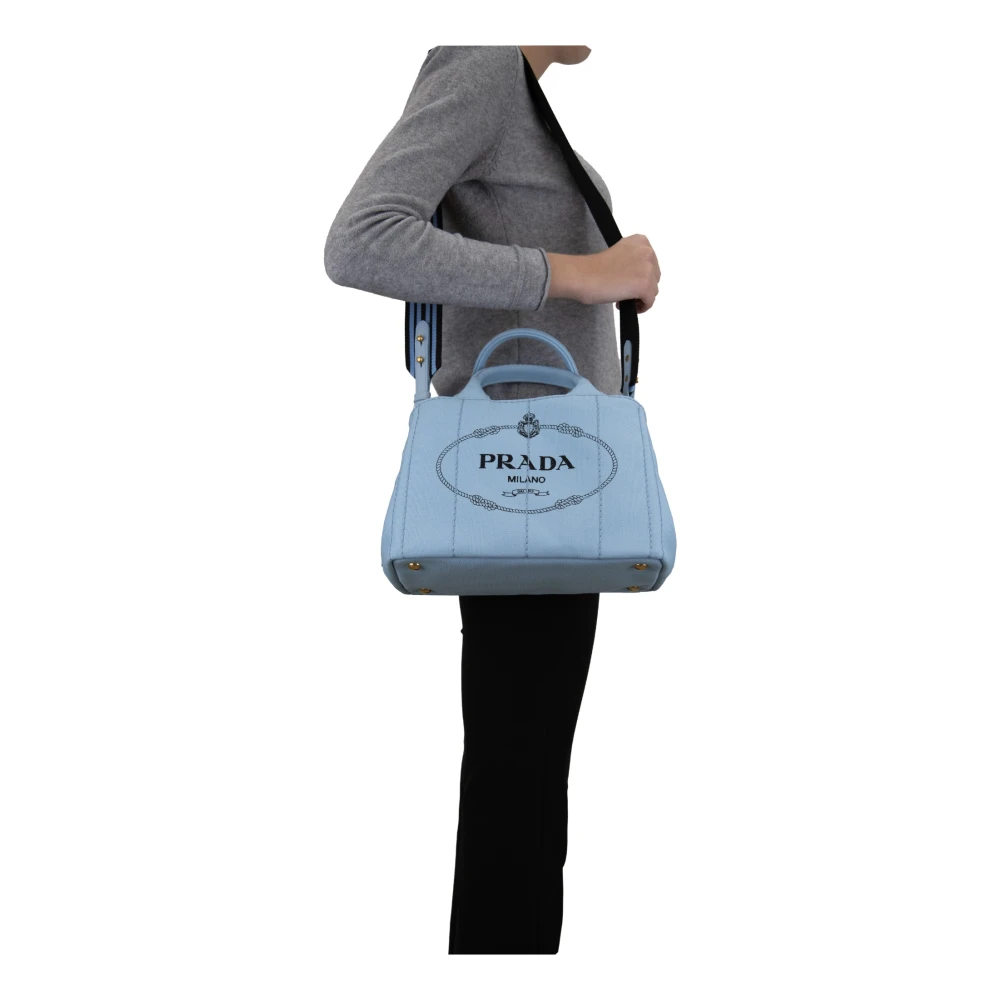 Prada Stoffen Schoudertas met Leren Afwerking Blue Dames