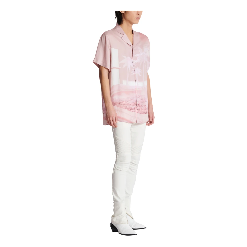 Balmain Kortemouw twill pyjamashirt met ansichtkaartprint Pink Heren