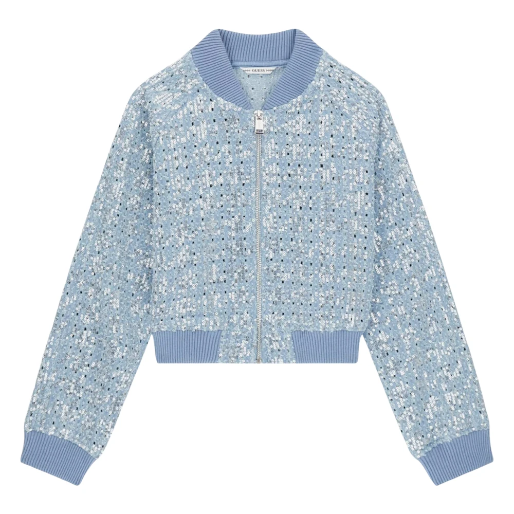 Guess Girls Blue Light Jackets, 14 Y, Sequin Denim Bomber Jacket