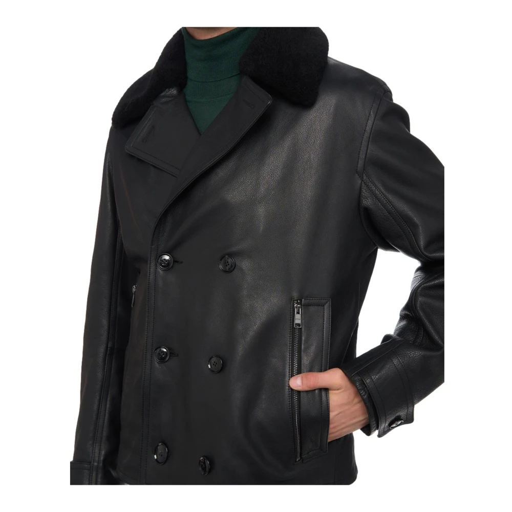 Hugo Boss Dubbelborstig leren jas in zwart Black Heren