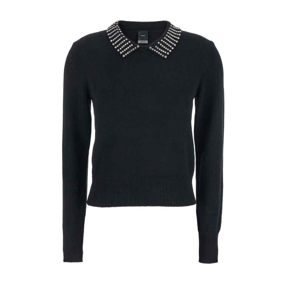 Pinko Women's Black V-Neck Knitwear, S, Jumper With Collar And Rhinestones