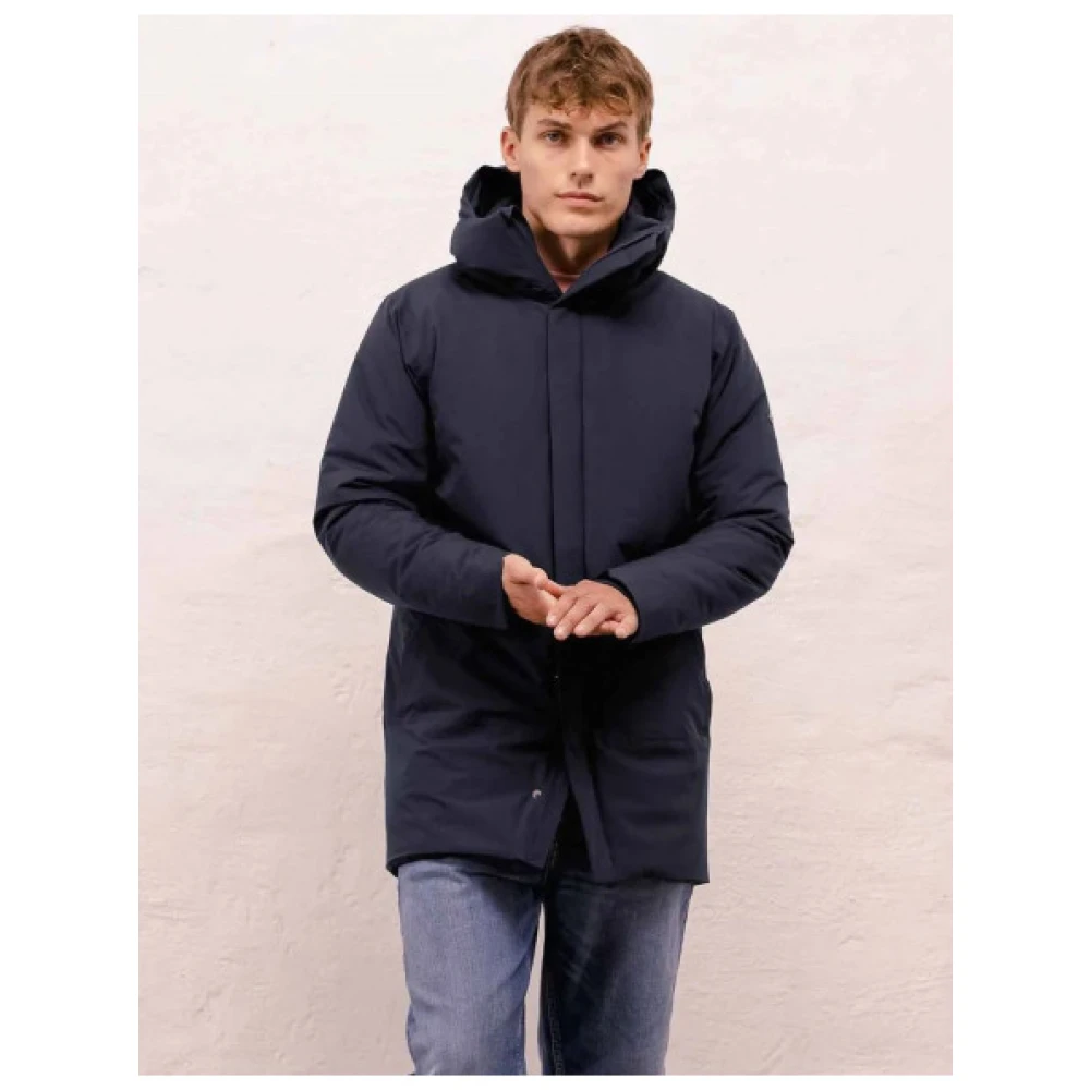 Scandinavian Edition Minimalistische Mid-Length Parka met Capuchon Blue Heren