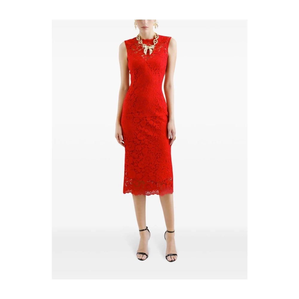 Dolce & Gabbana Rode Kant Midi Jurk Red Dames