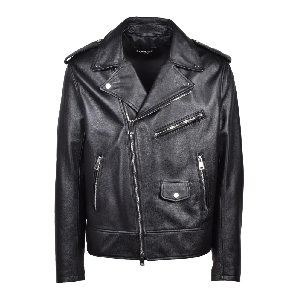 Dondup Leren bikerjack met rits Black Heren