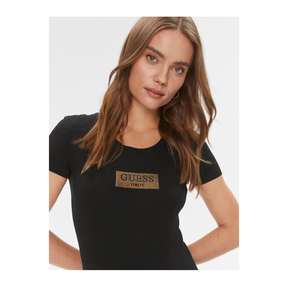 Guess Logo Versierde Stretch T-Shirt Black Dames