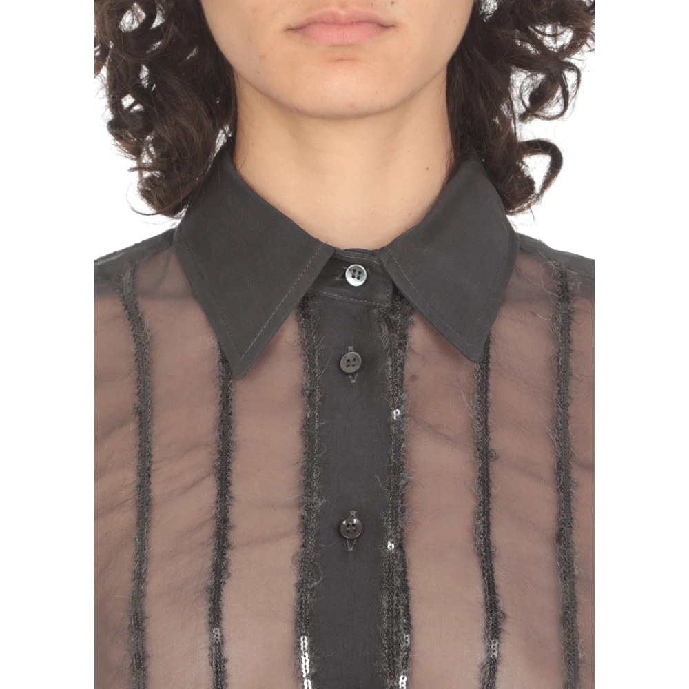 BRUNELLO CUCINELLI Zwarte Zijden Gestreepte Blouse met Pailletten Black Dames