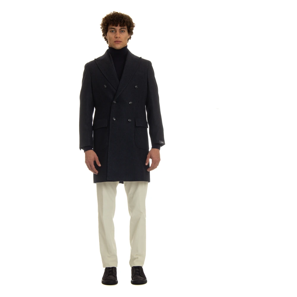 Barba Blauwe dubbelrijige wollen jas visgraat Blue Heren